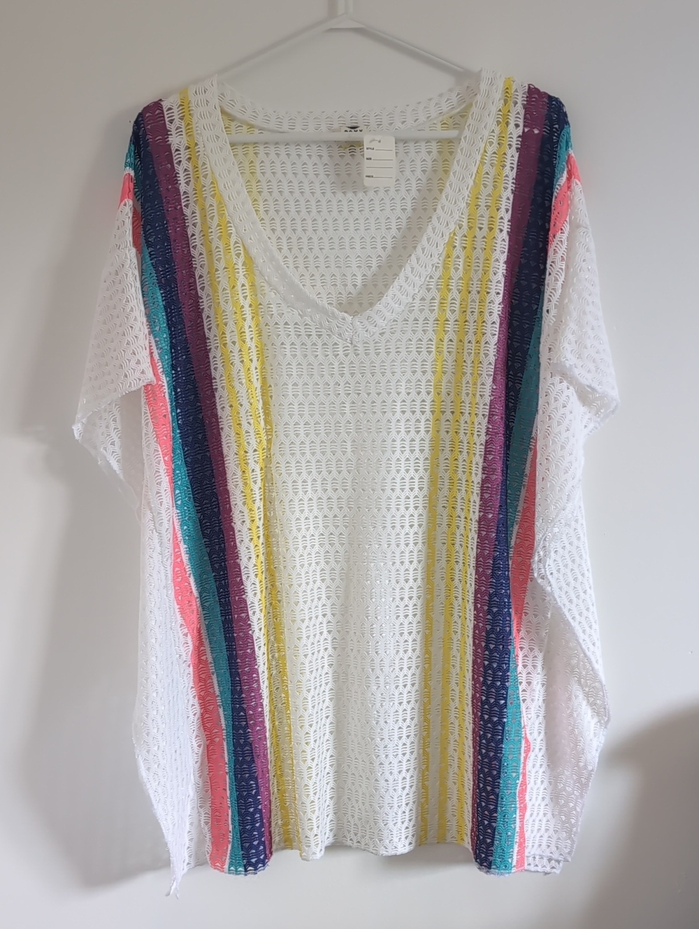 Roxy White Open-Knit V-Neck Coverup with Yellow, Teal, Coral & Purple Stripes